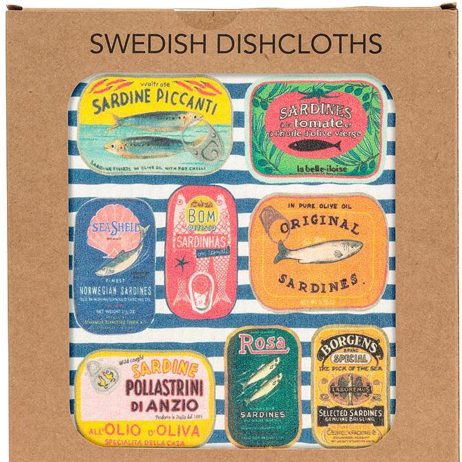 Sardine Tins on Stripes Dishcloth