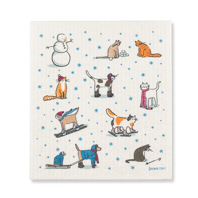 Winter Sports Cats Swedish Dishcloth