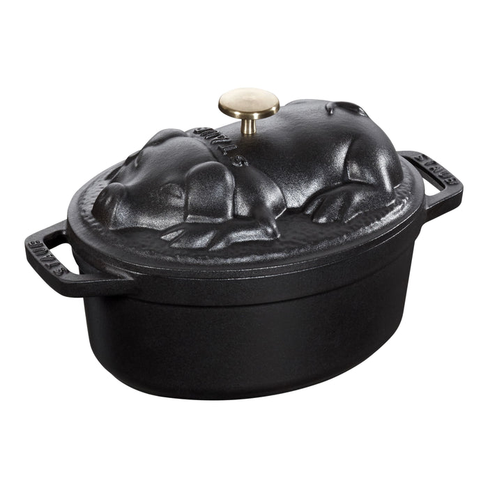 STAUB La Cocotte 1 L Cast Iron Oval Cocotte Pig Lid, Black
