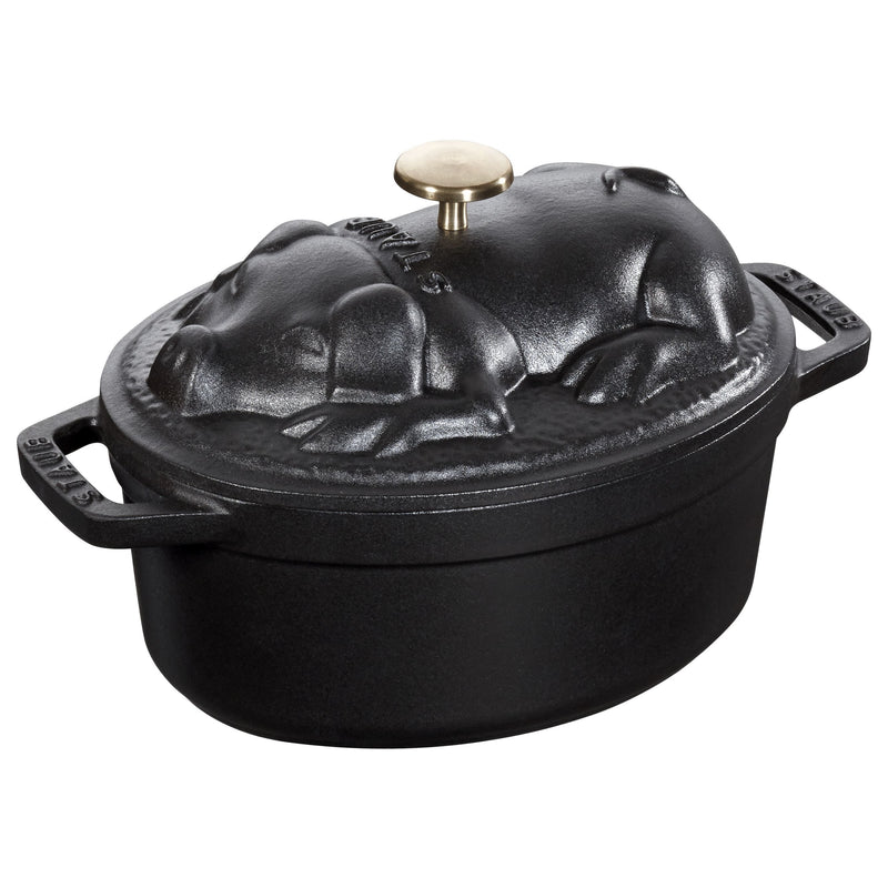 STAUB La Cocotte 1 L Cast Iron Oval Cocotte Pig Lid, Black-1