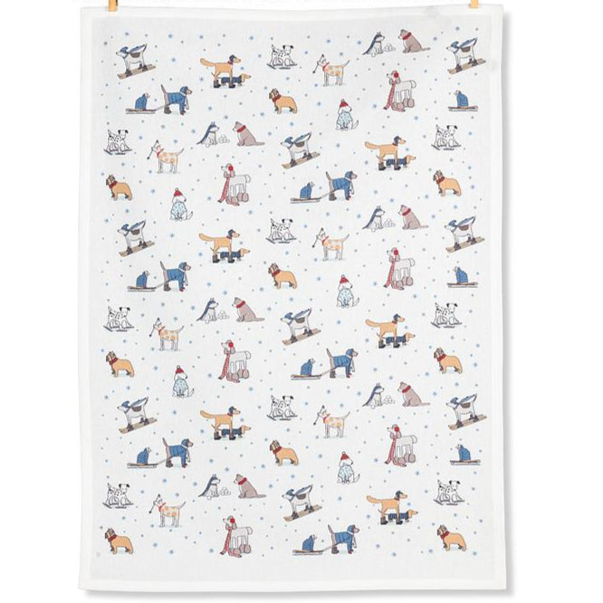 Patterned dishtowel with illustrations of dogs on a white background