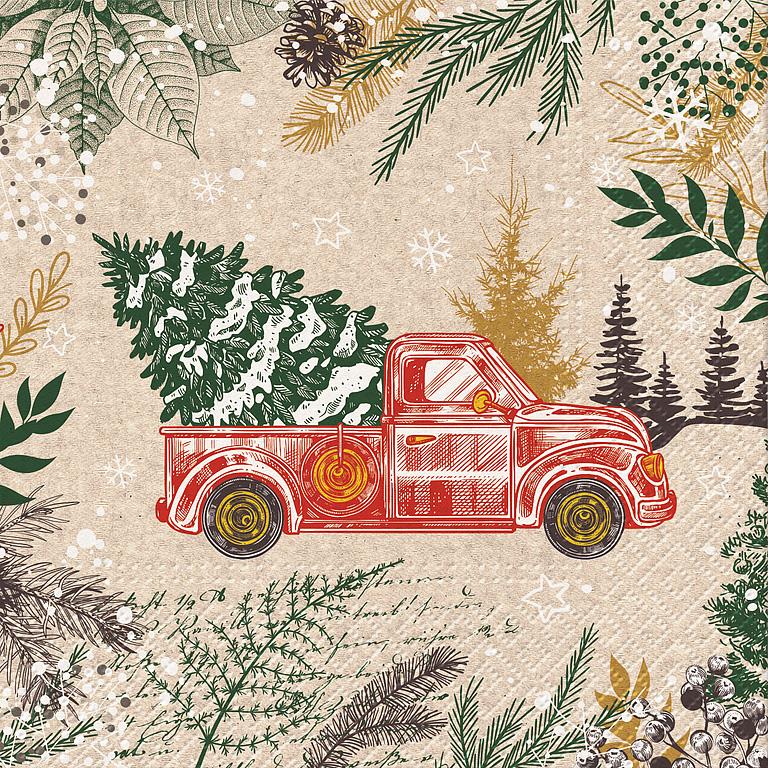 Vintage Christmas Car Napkins, Luncheon 20Pk