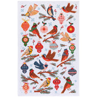 Decorative paper with Christmas-themed birds and ornaments on a white background