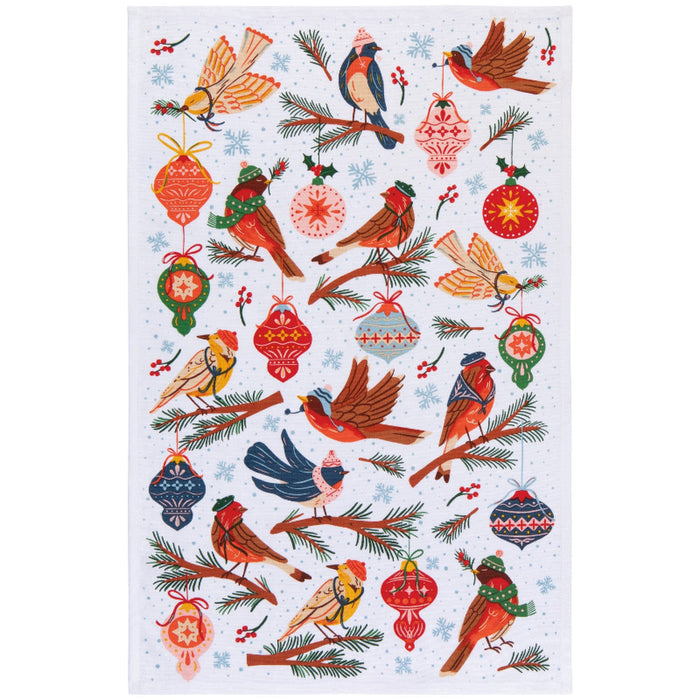 Decorative paper with Christmas-themed birds and ornaments on a white background