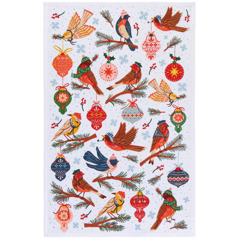 Decorative paper with Christmas-themed birds and ornaments on a white background
