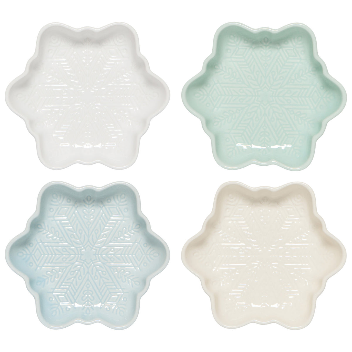 Four star-shaped ceramic dishes in white, light blue, and beige on a white background
