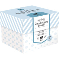 Boxed set of snowflake-shaped dipping dishes with blue and white design.