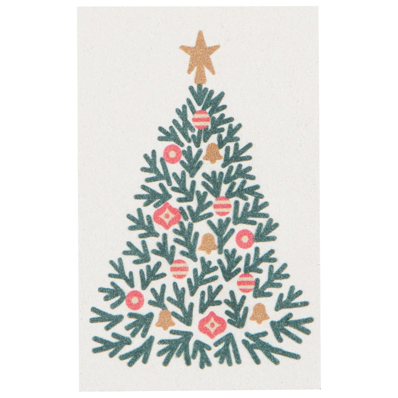 Christmas tree sponge design with ornaments on a white background