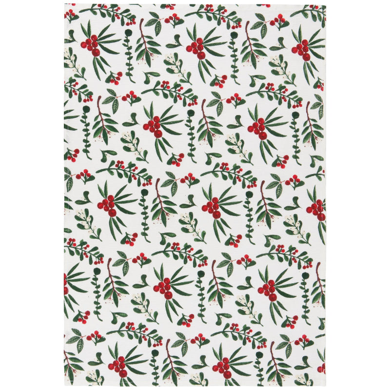 Patterned fabric with green leaves and red berries on a white background
