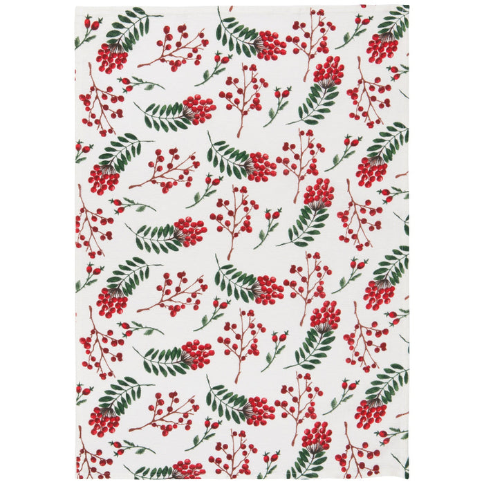 Patterned fabric with red berries and green leaves on a white background