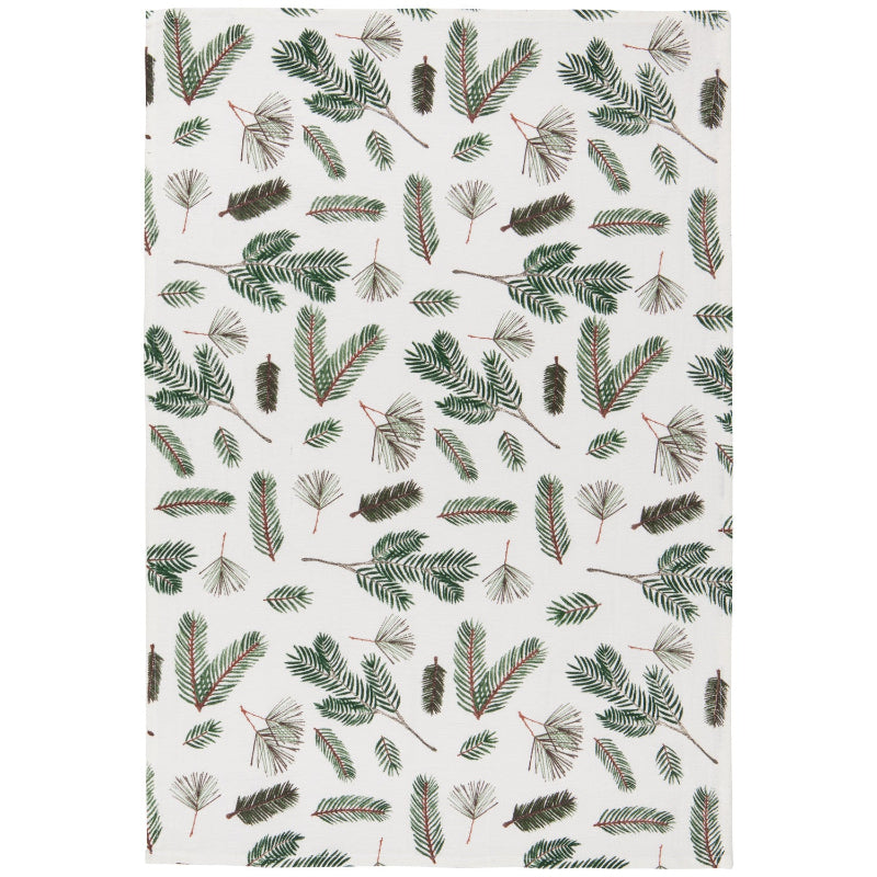 Pattern of green pine branches on a white background
