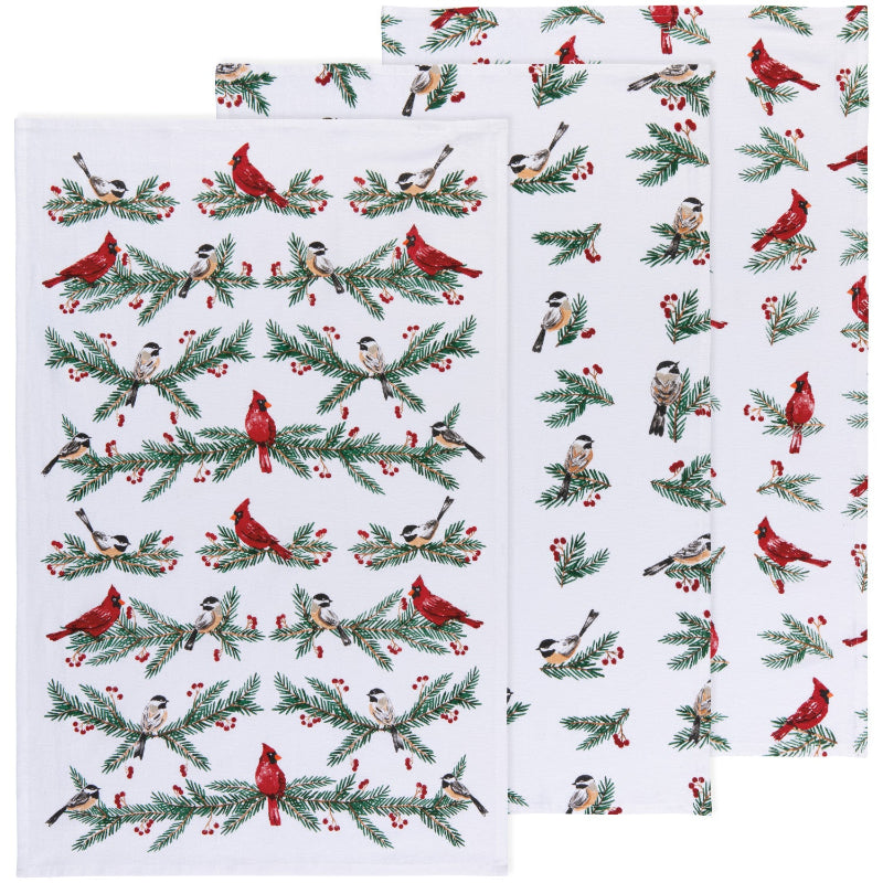 Set of Christmas-themed kitchen towels with bird and berry pattern on a white background