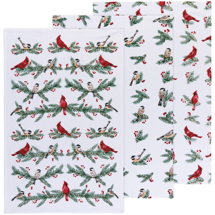 Set of Christmas-themed kitchen towels with bird and berry pattern on a white background