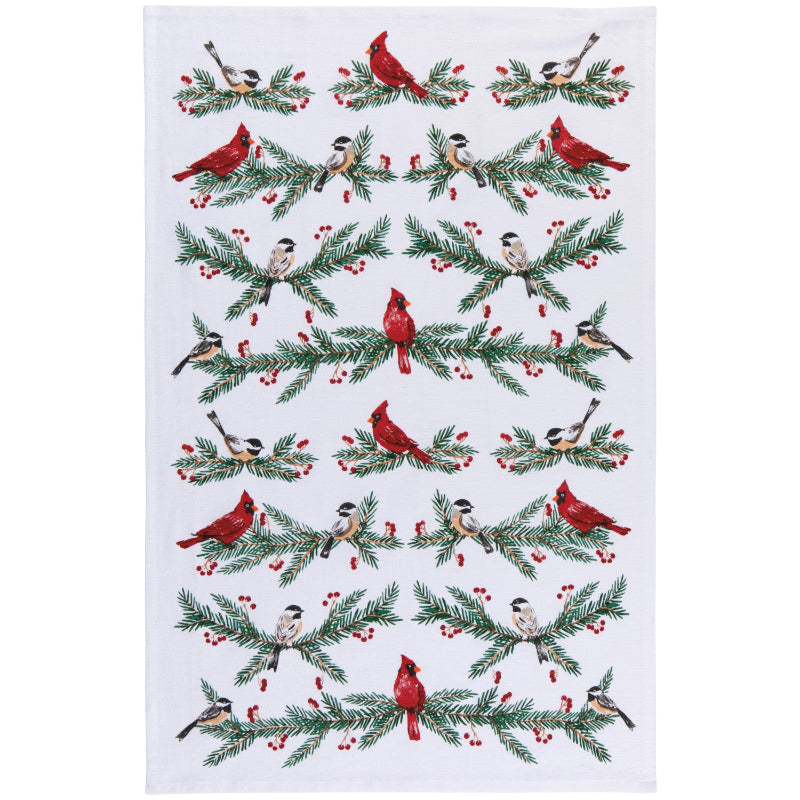 Decorative towel with winter-themed design featuring birds, red cardinals, and green branches on a white background.