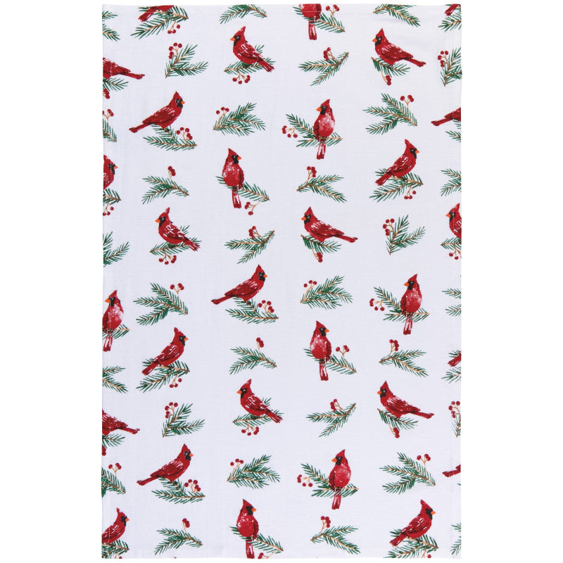 Patterned paper with red cardinals, greenery, and berries on a white background