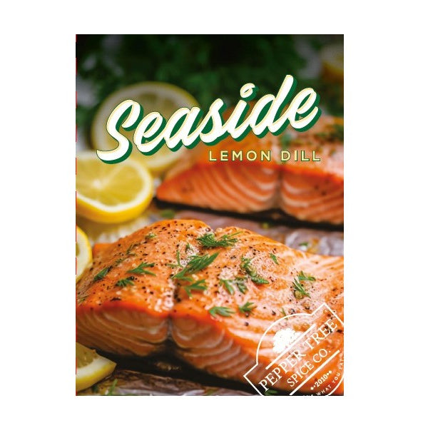 Salmon dish with lemon and dill on a white background, featuring the brand 'Seaside'.