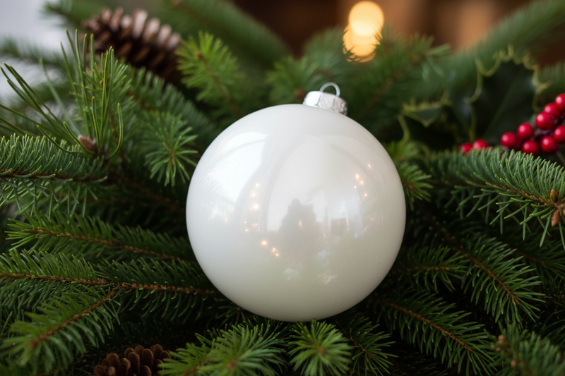 white christmas ball surrounded by evergreen branches