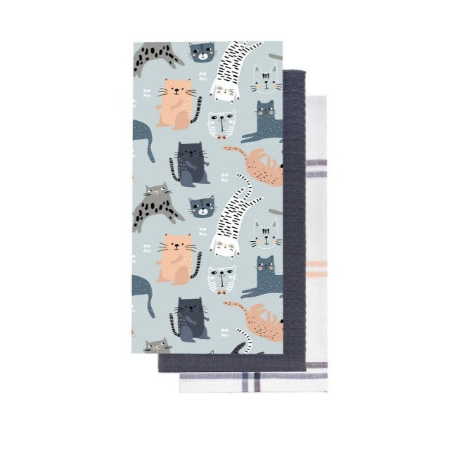 Cats Printed Kitchen Towel Set Of 3, Blue