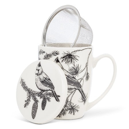 Winter Birds Covered Mug w/Strainer, 12oz