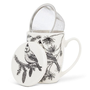 Winter Birds Covered Mug w/Strainer, 12oz