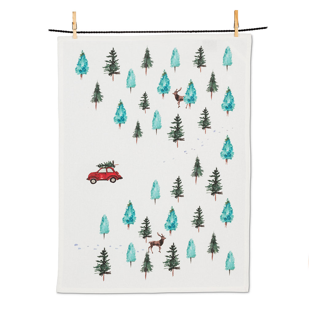 Trees & Red Car Tea Towel